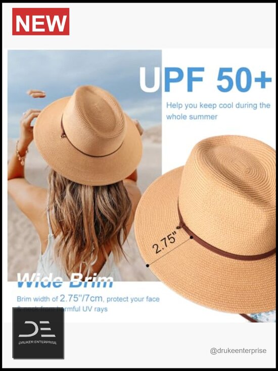 Straw Fedora Hat with Wide Brim UPF 50+ Sun Protection, Roll Up for Travel main image 4